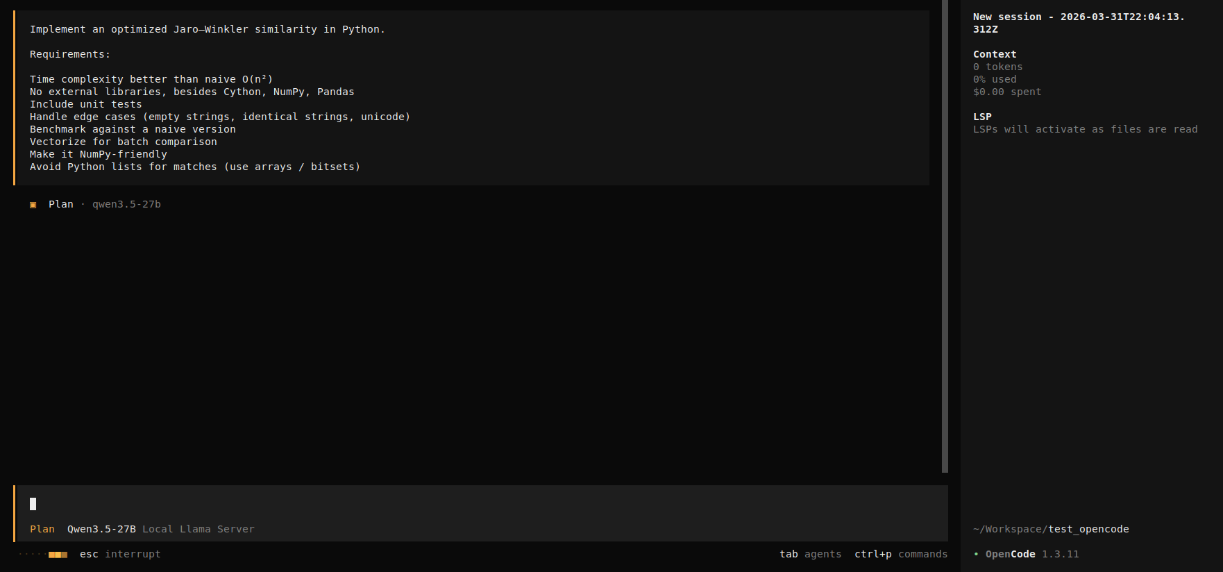 OpenCode session with Qwen3.5-27B