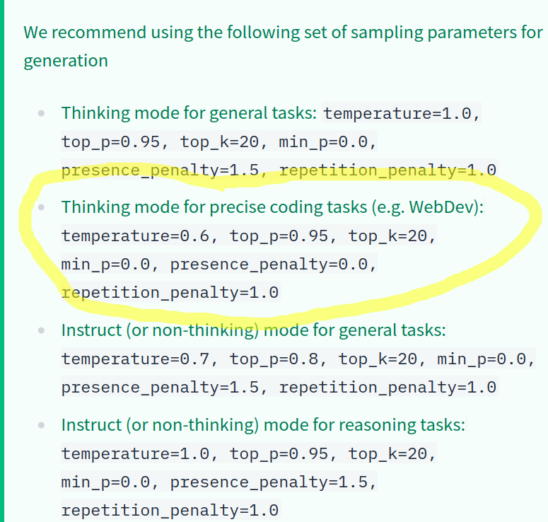 Qwen3.5 recommended sampling parameters for coding tasks