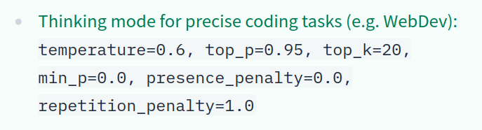 Recommended sampling parameters from the Qwen3.5-9B model card