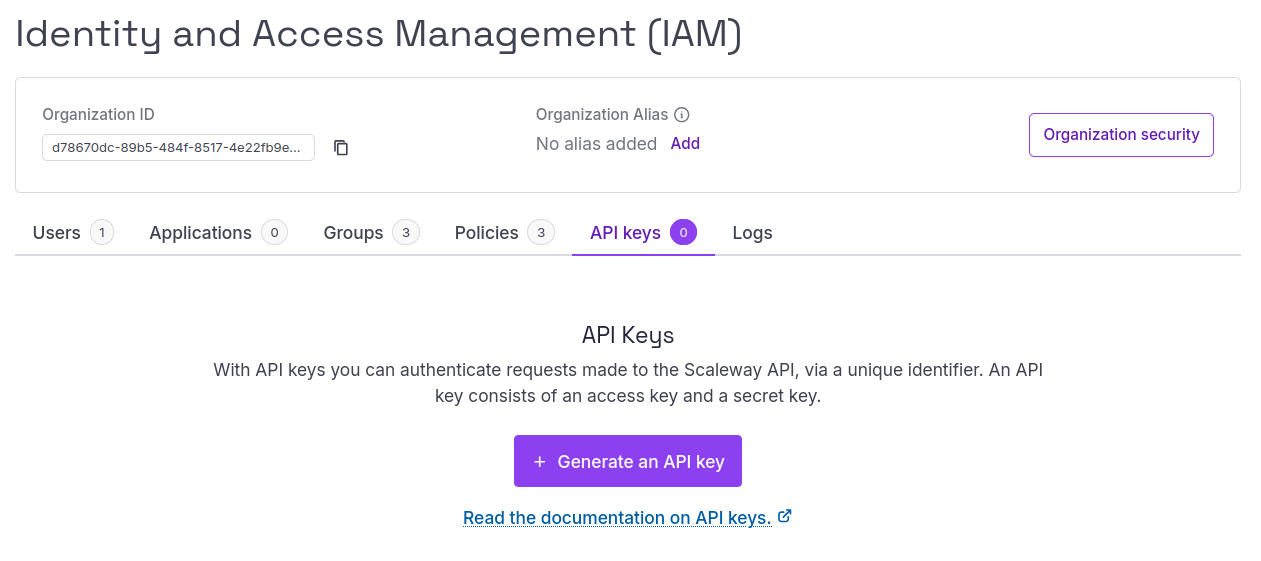 Create the API key on the Scaleway web console