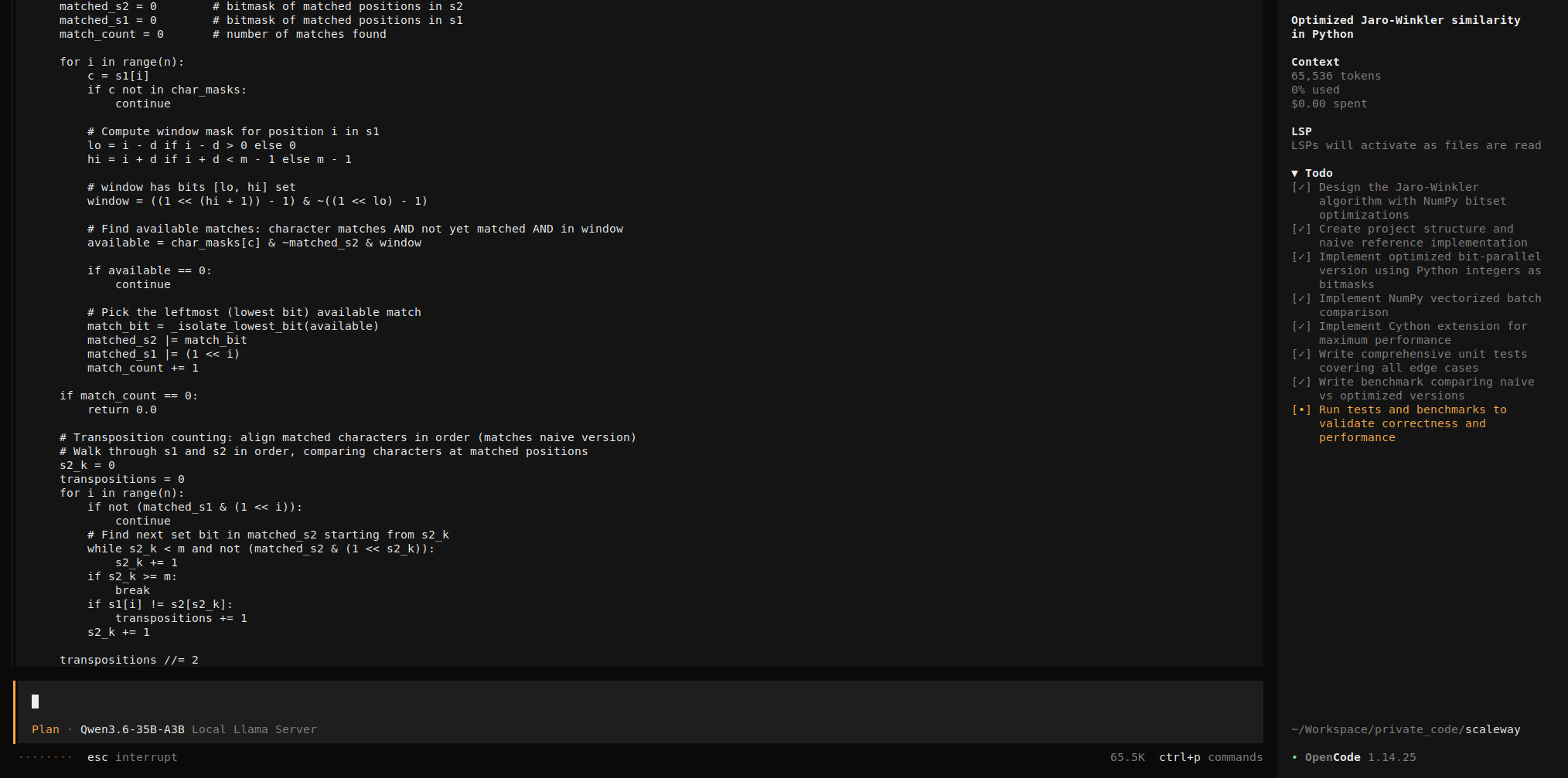 OpenCode session with Qwen3.6-35B-A3B